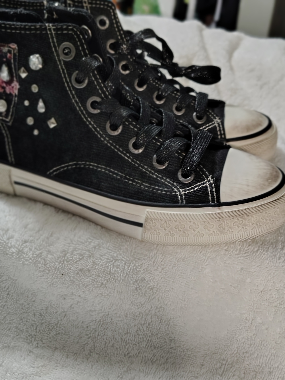 Black Lace-Up High-Top Studded Canvas Boots